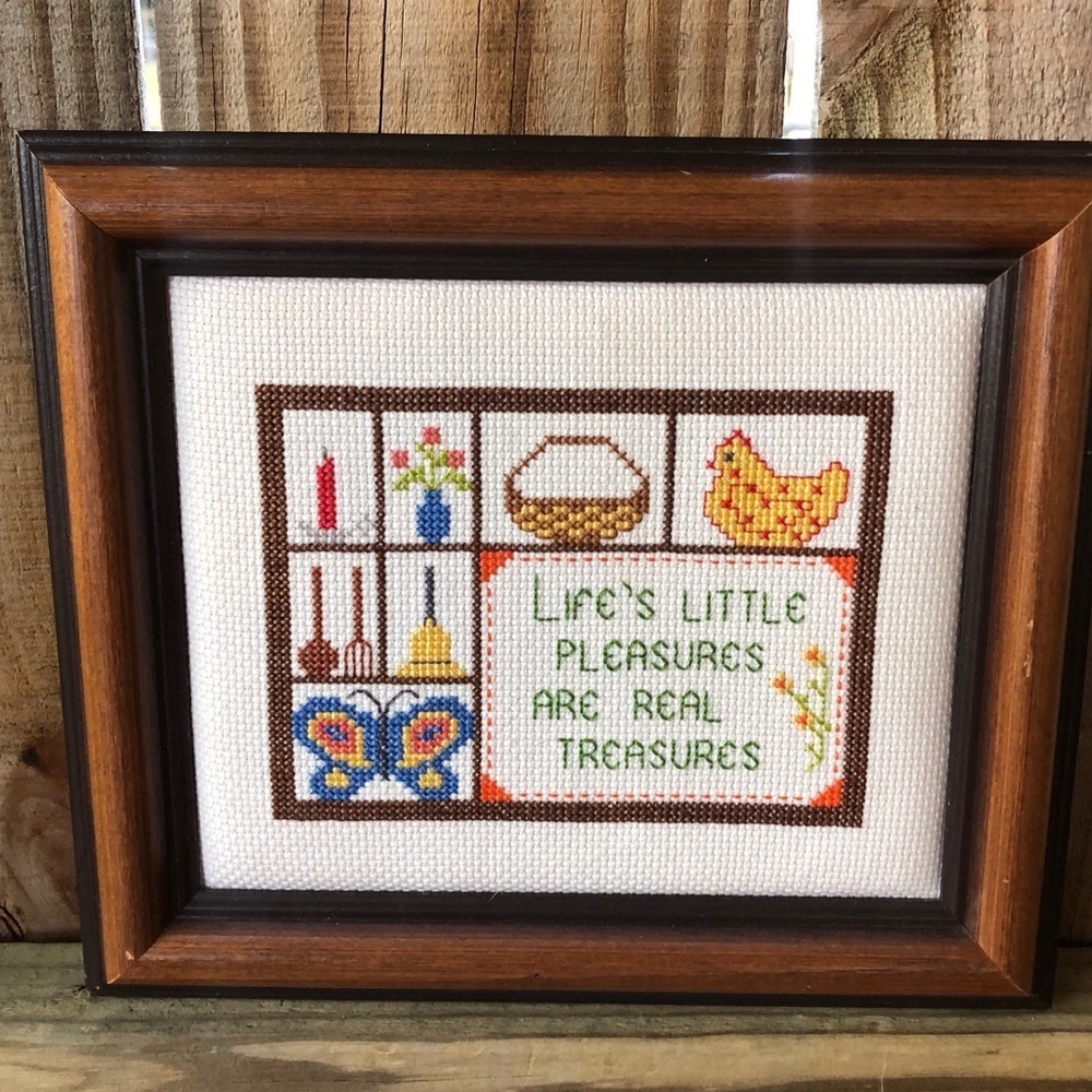 Framed Completed Cross Stitch Life’s Little Pleasures 9”x8”
